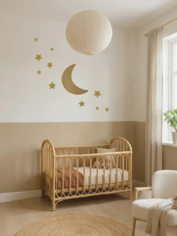 Japandi neutrale babykamer met gouden maan muursticker